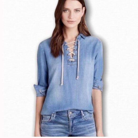 Anthropologie Cloth & Stone Chambray Tencel Denim 1/4 Lace Up Nautical Top S - Picture 2 of 11